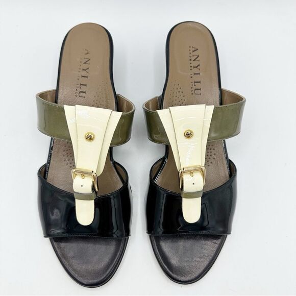 Anyi Lu Lucy Slip On Wedge Patent Leather Sandals Color Block Green/Black/Tan 11 - Picture 5 of 13